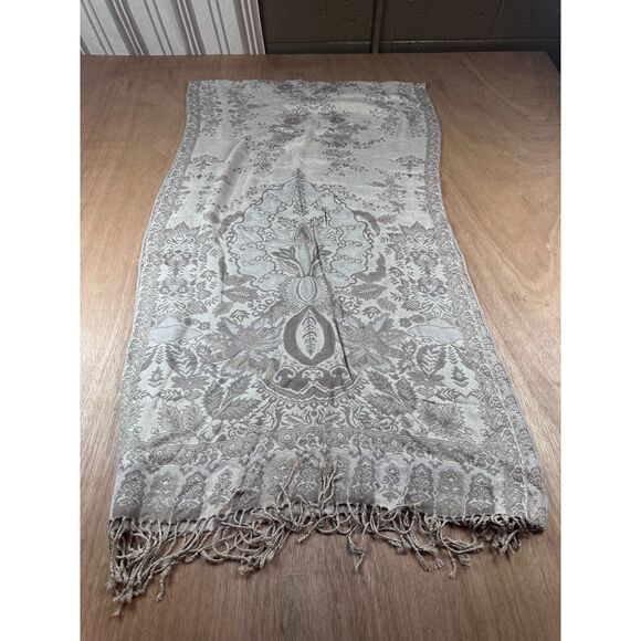 Tan Beige Jacquard Floral Scarf Wrap Shawl Fringe 74x21 Neutral Elegant - Picture 2 of 3